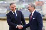 Czech Republic Poland Czech Republic's Prime Minister Petr Fiala, right, welcomes Poland's President Andrzej Duda, left, as they meet in Prague, Czech Republic