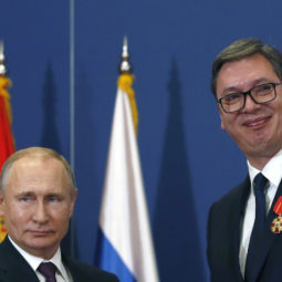 FILE- Russian President Vladimir Putin, left, poses with Serbian President Aleksandar Vucic after being awarded the Order of Alexander Nevsky in Belgrade, Serbia, Thursday, Jan. 17, 2019. Vucic said he has secured an "extremely favorable" gas deal with Russia during his telephone conversation with Vladimir Putin on Sunday, May 29, 2022. The Serbian populist president has announced that he has secured an “extremely favorable” gas deal with Russia. Serbian President Aleksandar Vucic, a former pro-Russian ultranationalist who claims he wants to take Serbia into the European Union, has refused to publicly condemn Russia's invasion of Ukraine.