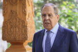 In this handout photo provided by the Russian Foreign Ministry Press Service, Russian Foreign Minister Sergey Lavrov speaks to the Media after a meeting of the CIS Council of Foreign Ministers in Dushanbe, Tajikistan, Friday, May 13, 2022. ()