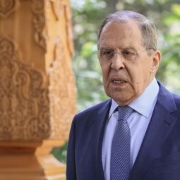In this handout photo provided by the Russian Foreign Ministry Press Service, Russian Foreign Minister Sergey Lavrov speaks to the Media after a meeting of the CIS Council of Foreign Ministers in Dushanbe, Tajikistan, Friday, May 13, 2022. ()