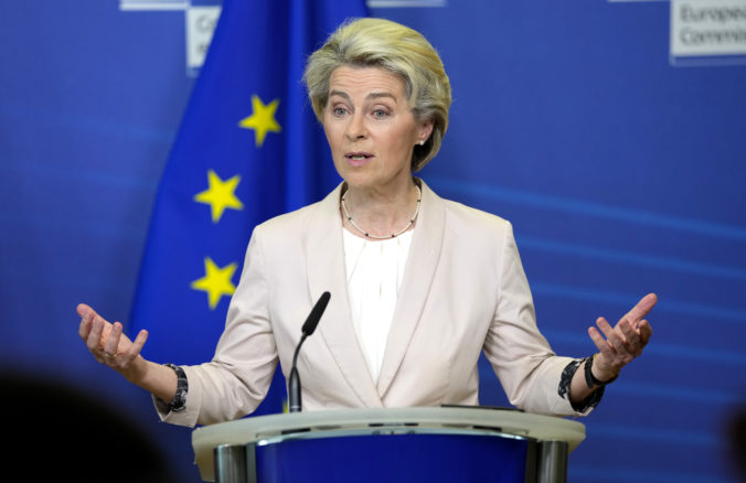 European Commission President Ursula von der Leyen addresses a media conference at EU headquarters in Brussels, Tuesday, July 19, 2022. The European Union on Tuesday is starting the long enlargement process that aims to lead to the membership of Albania and North Macedonia in the bloc.
