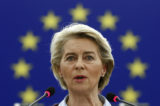 FILE - European Commission President Ursula Van Der Leyen speaks during the presentation of the Slovenian Presidency during a plenary session at the European Parliament in Strasbourg, eastern France, Tuesday, July 6, 2021. Italy’s European Union partners are signaling discomfort and vigilance after one of the bloc’s founding members swung far to the political right, raising troubling questions about whether Rome will maintain its commitments to EU principles, laws and ambitions. The French prime minister on Monday, Sept. 26, 2022 said that France, along with EU officials, would be watching closely to ensure that basic human rights rights along with access to abortion, are guaranteed in Italy after Giorgia Meloni’s neo-fascist Brother’s of Italy Party topped the vote count in Sunday’s parliamentary election