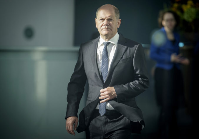 German Chancellor Olaf Scholz waits for the arrival of the President of Moldova Maia Sandu ahead of their meeting at the chancellery in Berlin