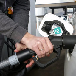 Close up of a man refueling a white hydrogen fuel cell car. At a hydrogen refueling station.
