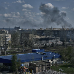 Smoke rises from buildings in Bakhmut, the site of the heaviest battles with the Russian troops in the Donetsk region, Ukraine