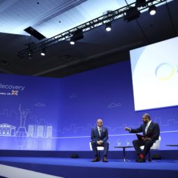 From left, Croatia's Foreign Minister Gordan Grlic-Radman, Britain's Foreign Secretary James Cleverly and Lithuania's Economy and Innovation Minister Ausrine Armonaite attend the opening plenary on the second day of the Ukraine Recovery Conference London