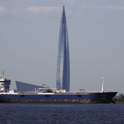 'Nimbus SPB', an oil products tanker, floats in the Finnish Gulf past the Lakhta Center skyscraper, the headquarters of Russian gas monopoly Gazprom in St. Petersburg, Russia
