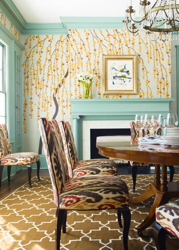 Eclectic dining room design floral wallpaper blue accents upholstered chairs.jpg