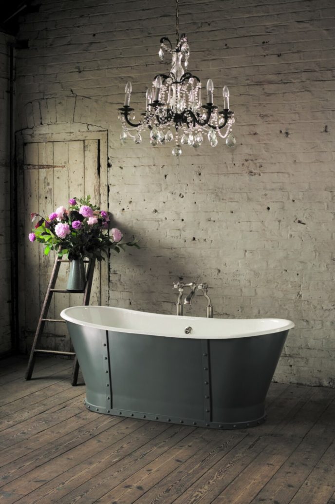 Splendid rustic french style bathroom interior with luxury chandelier rough walls and wooden floors.jpg