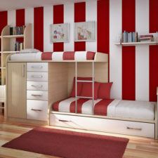 Post_bedroom kids room awesome red white childrens bedroom ideas using light brown wooden bunk beds for 2 children complete with stairs and maroon fabric rectangle carpet on the brown wooden floor also.jpg