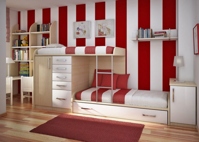 Post_bedroom kids room awesome red white childrens bedroom ideas using light brown wooden bunk beds for 2 children complete with stairs and maroon fabric rectangle carpet on the brown wooden floor also.jpg