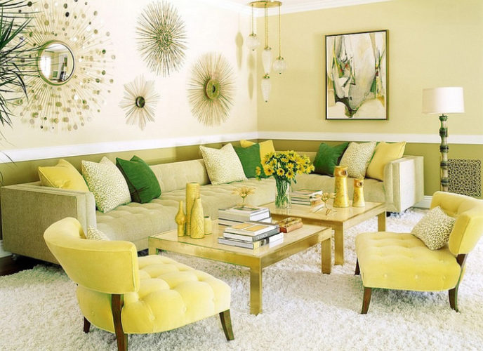 Post_trendy blend of green and yellow living room design with natural wall and gold sunburst mirrors and soft green sofa with yellow green pillow combined green wall color.jpg