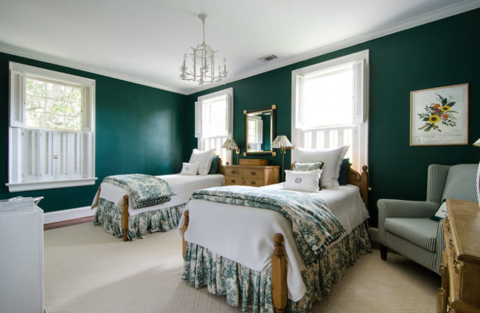 Post_baroque dust ruffles vogue atlanta traditional bedroom innovative designs with beige rug crown molding dark green walls green and beige color scheme guest bedroom.jpg