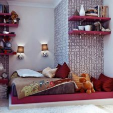 Post_bedroom endearing minimalist teenage girl bedroom ideas with gray combined red mattress and brown blanket also red pillow plus red wooden floating bookshelves with white wall wallpaper and twin brown 1.jpg