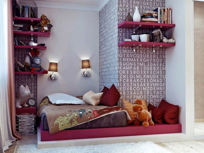 Post_bedroom endearing minimalist teenage girl bedroom ideas with gray combined red mattress and brown blanket also red pillow plus red wooden floating bookshelves with white wall wallpaper and twin brown 1.jpg