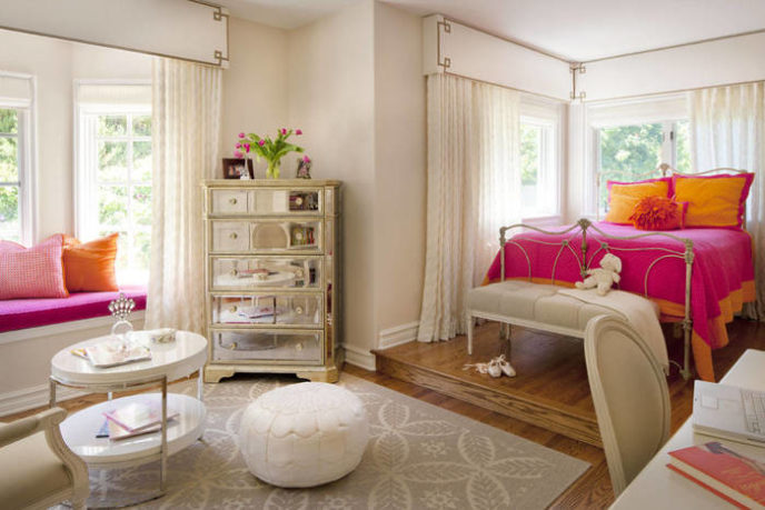 Post_mirrored bedroom furniture with pink room ideas and pouf ottoman also bay window plus window seat and beige walls also orange pillows plus bedroom benches.jpg