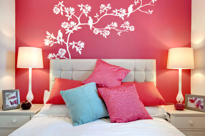 Post_inspiring design home bedroom painting ideas white pink wall paints colors floral pattern wall decals white color bed frames with tufted headboard white bedding sheets pink red blue colors pillo.jpg