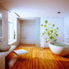 Post_9. alluring mural on white wall beside round bathtub inside spacious room using teak bathroom flooring ideas.jpg