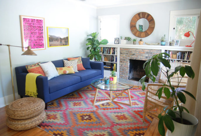 Post_cool kilim rug in living room contemporary with bright colored rugs next to kilim rug alongside colorful rug andnavy couch .jpg