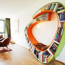 Post_interior exquisite ideas in decorating bookshelf designs using orange and green wood round wall mounted bookshelf and red furry rug in parquet flooring living room wonderful pictures of booksh.jpg