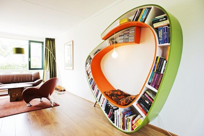 Post_interior exquisite ideas in decorating bookshelf designs using orange and green wood round wall mounted bookshelf and red furry rug in parquet flooring living room wonderful pictures of booksh.jpg