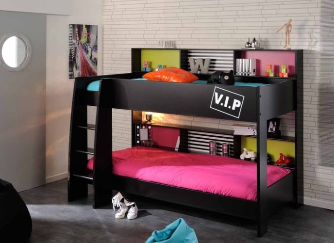 Post_dream girls bedrooms concept design black wooden bunk bed twin mattress pink sheet light blue bedding side shelves brick wall paper dark flooring dream bedrooms for girls bedroom sweet dream bedrooms.jpg