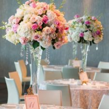 Pink roses and white hydrangea tall wedding centerpiece.jpg