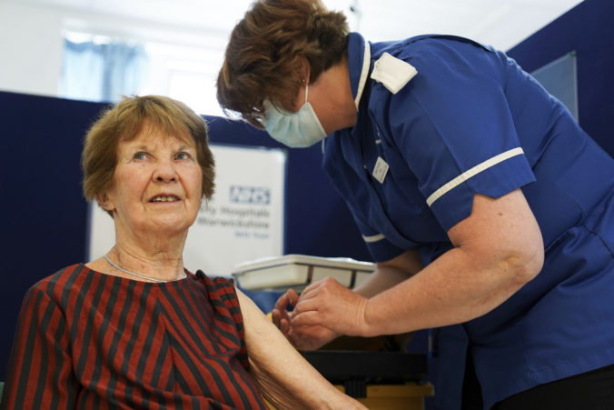 Margaret Keenan, 91, receives her spring Covid-19 booster shot at University Hospital Coventry, England, Friday, April 22, 2022. Margaret was the first patient in the United Kingdom to receive the Pfizer/BioNtech Covid-19 vaccine.