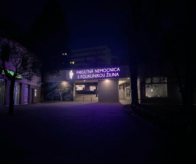 Fnsp za_vstup do zilinskej nemocnice svieti na purpurovo.jpg