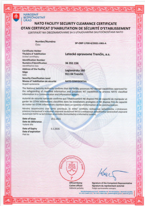 NBU - NATO FACILITY SECURITY CLEARANCE CERTIFICATE (PDF, 938 kB,otvorí sa v novom okne)