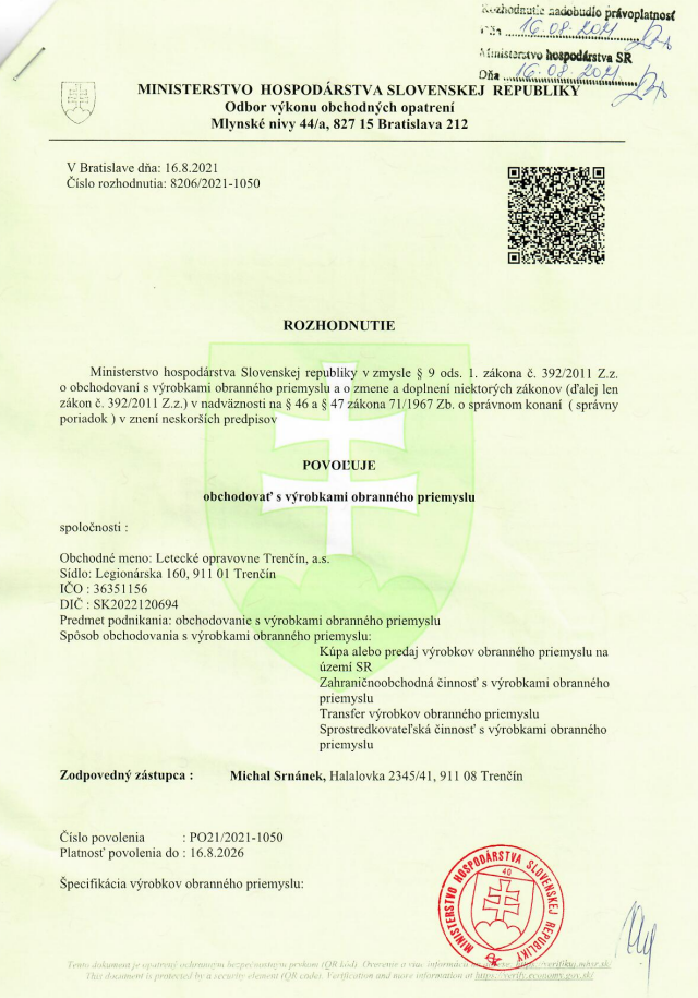 MH SR - Rozhodnutie o povolení obchodovať s výrobkami obranného priemyslu (PDF, 841 kB,otvorí sa v novom okne)