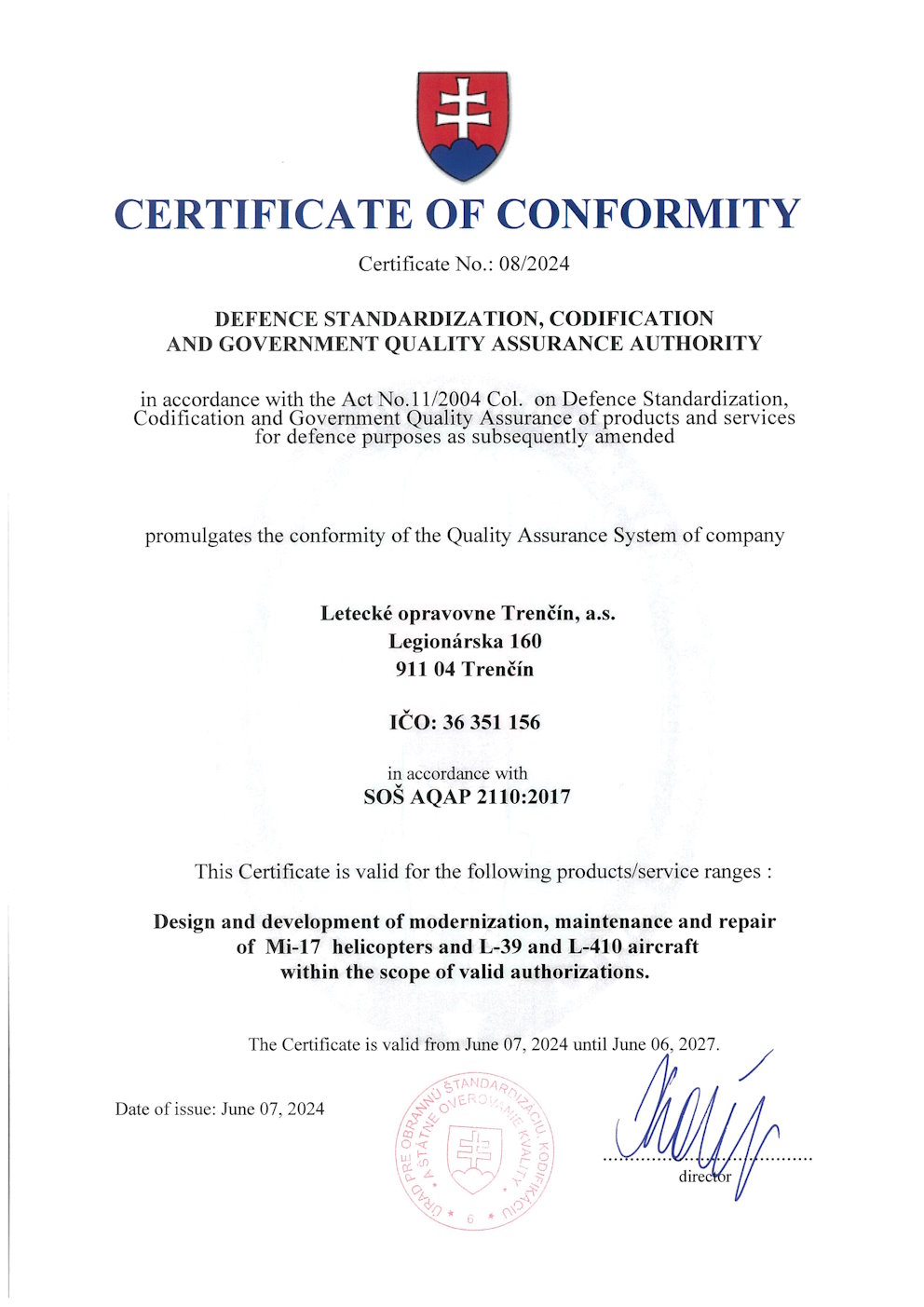 Certificate of conformity - AQAP 2110:2017 (PDF, 444 kB,otvorí sa v novom okne)