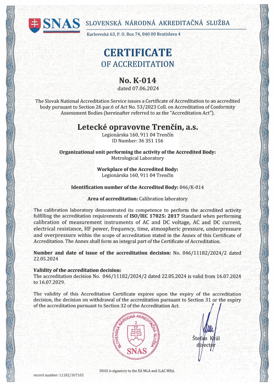SNAS Certificate Of Accreditation Calibration Laboratory (PDF, 1,62 MB, otvorí sa v novom okne)