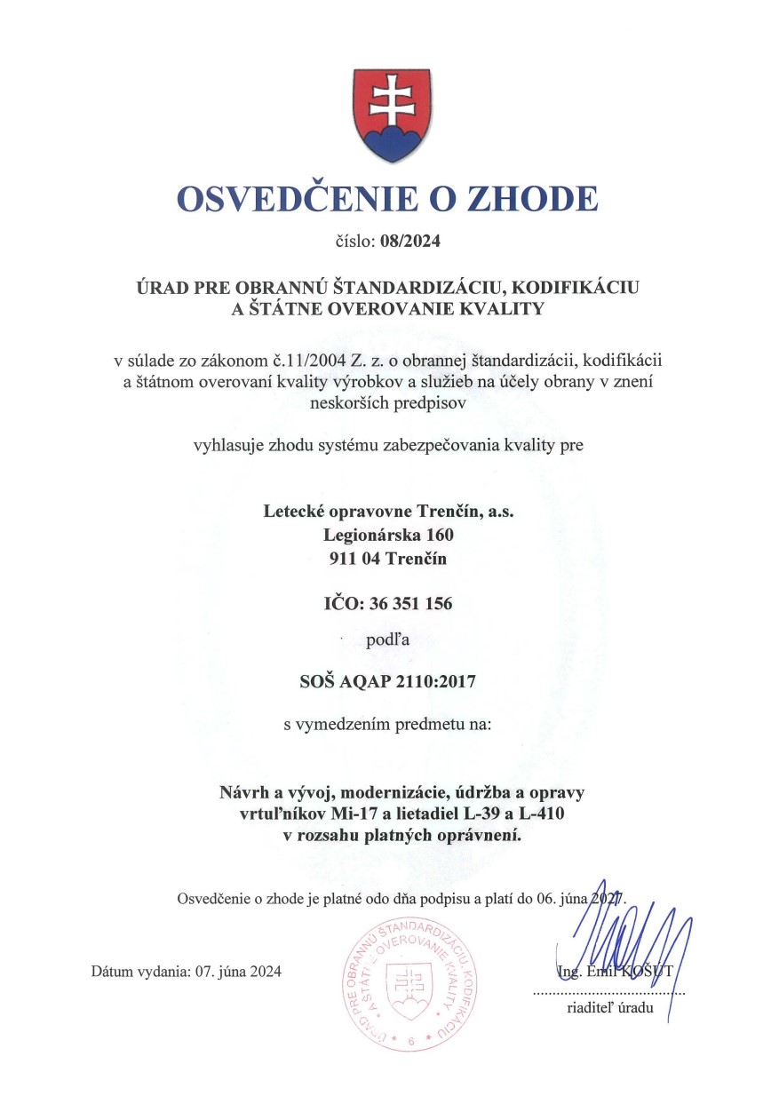 Osvedčenie o zhode AQAP L39 MI17  L410 SK (PDF, 363 kB,otvorí sa v novom okne)